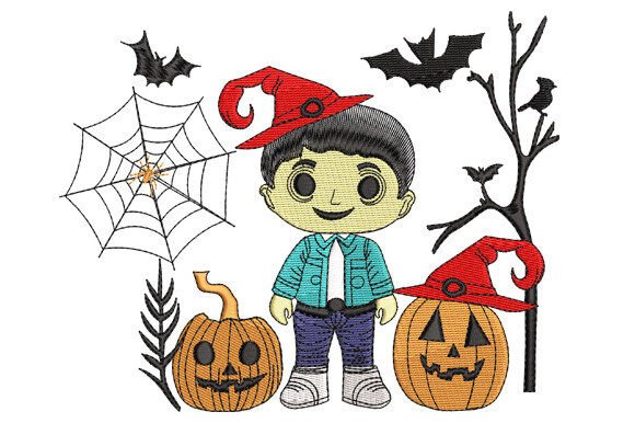Boy with Halloween Witch Hat and Pumpkin